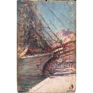 French Impressionist School - Boat And Animated Port, Circa 1890