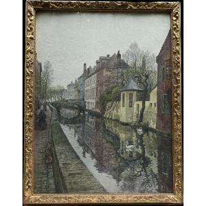 Jules Louis Berteault (xix - Died In 1916) - Bruges, A Canal, 1908