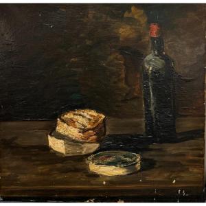 Léon Jules Effinger (1892-1967) - Nature Morte Au Fromage Et à La Bouteille De Vin, Circa 1920