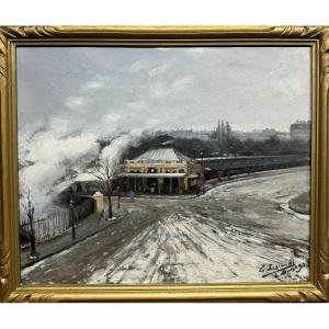 Ernest Lipinski (xix-xx) - Paris, Busy Station Under The Snow, 1890