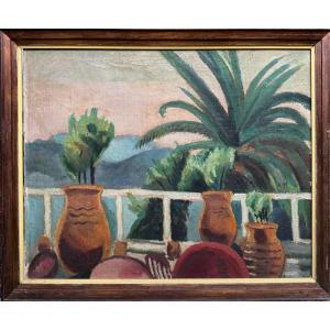 French Art Deco School Around 1930 - Terrace And Palm Trees