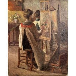 European School Around 1900 - Women Painters In The Workshop - Ghb Monogram