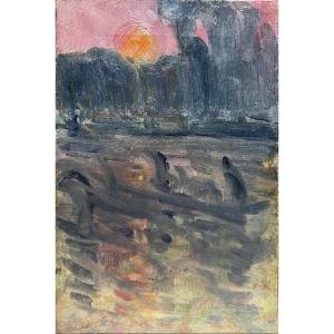 French Impressionist School - Sunset Over The River, Circa 1890