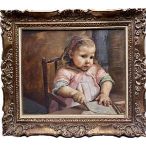 France Leplat (1895-1953) - Little Girl Coloring, Circa 1930