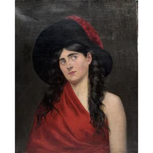 French School Circa 1900 - Model With Hat And Red Cloth