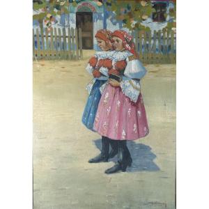 20th Century Slovak School - Young Girls In Traditional Costume, Signed