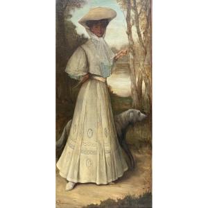 Frans Lauwers (1854-1931) - Elegant Woman With A Greyhound, Circa 1900