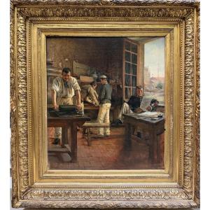 French School, Late 19th Century - In The Printing Workshop, Circa 1880
