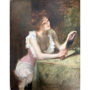 French Impressionist School - Young Woman With Mirror, Circa 1890