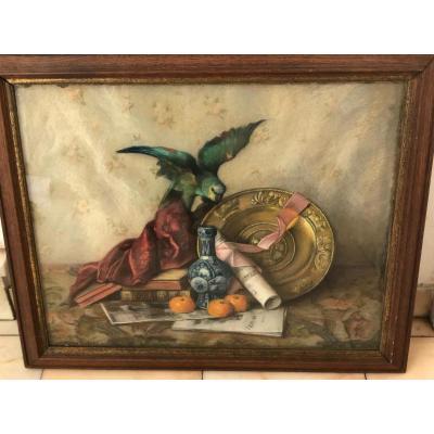 Antoine Flachat (active XIXth Century) Still Life Au Peroquet, 1879 Pastel On Canvas