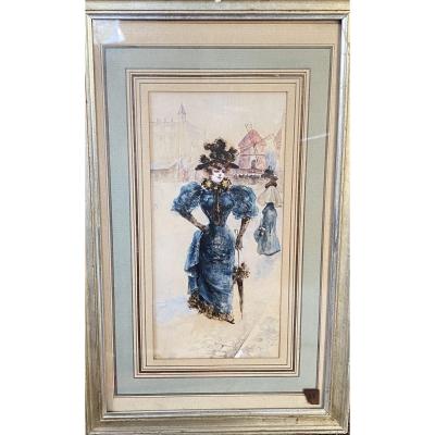 French School, La Parisienne Au Moulin Rouge, Watercolor Circa 1900 - Monogrammed