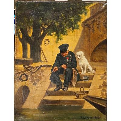 Florimond Guénot (1825 -?) - Angling On The Quays Of Paris, 1877