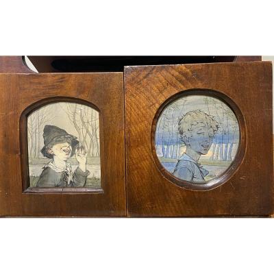 Art Nouveau Work - Two Portraits Of Children - Indecipherable Signatures