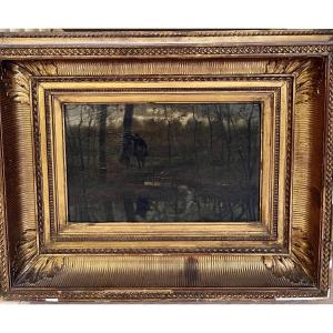 19th Century French School - Barbizon - Country Guard And Reflection In The Water