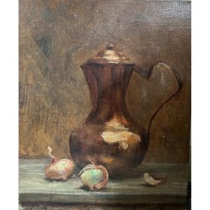 French School From The End Of The 19th Century - Still Life Copper Teapot And Onions
