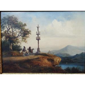 Stop For Riders In Front Of A Calvary Auvergne Landscape