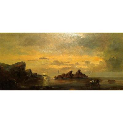 "fishermen" Nineteenth Century Oil On Cardboard.