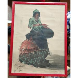 Gouache The 2 Gitanes By G.jardin Arles 1950