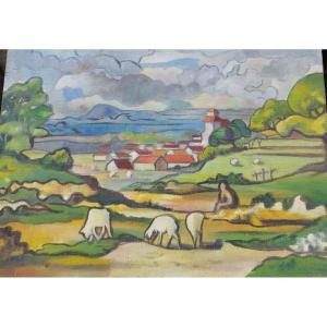"country Landscape With Sheep" Gouache On Canvas