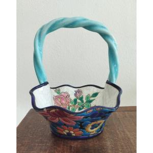Small Basket In Earthenware And Longwy Enamels