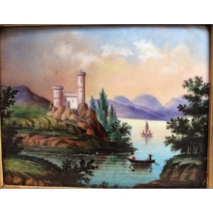 Painting On 19th Century Porcelain, Landscape “castle By The Lake”