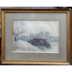 "quai De La Seine Paris" Watercolor By Jules Louis Berteault Early 20th Century