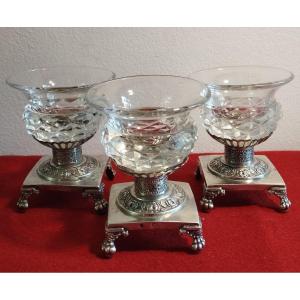 3 Silver And Glass Salt Cellars XIX Paris