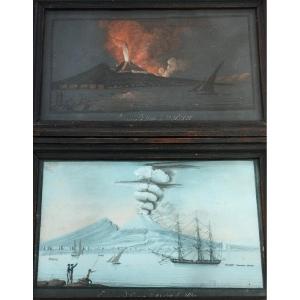 Pair Of Neapolitan Gouaches Eruption Of Vesuvius 1822