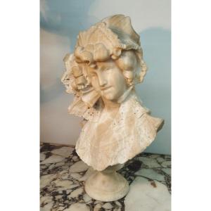 Pugi Guglielmo "woman With Lace" Bust In Alabaster Late 19th Century