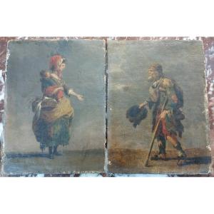 Pair Of Paintings "the Beggars" Oil On Canvas 18th Century