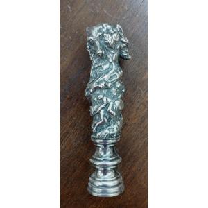Seal With The Effigy Of Hunting In Silver-plated Bronze 19th Century