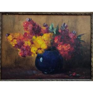 Clémence Biron "bouquet Of Flowers In A Blue Vase" Oil On Panel XX