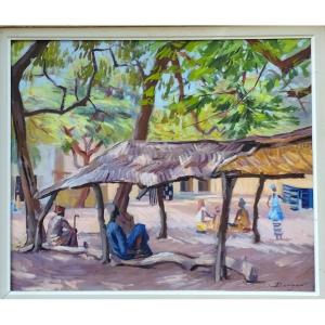 Shepherd "african Village" Oil On Canvas XX