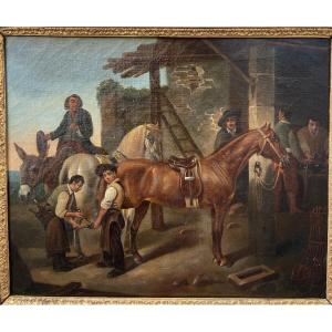 Oil On Canvas Painting “at The Blacksmith’s” 19th Century