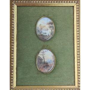 2 Gouaches Miniature Landscapes In Medallions Under Frame 19th Century