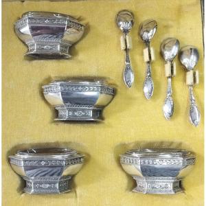 Box Of 4 Silver Salt Cellars, Minerva, 19th Century