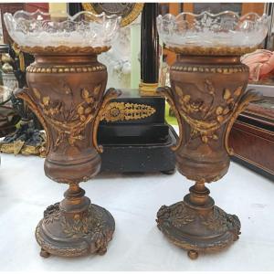 Pair Of Bronze And Crystal Cassolettes, 19th Century