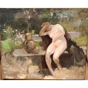 "young Naked Woman On A Bench" Oil On Canvas