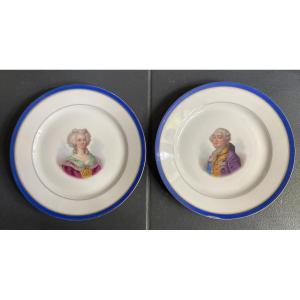 Sèvres Pair Of Porcelain Plates "marie Antoinette And Louis XVI"