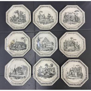 Creil, Series Of 9 Earthenware Plates 19th Century