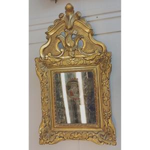 18th-century Gilded Wood Mirror With Pediment.