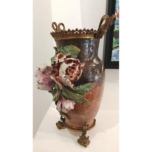 Barbotine Vase Flowers Mounted On Bronze XIX