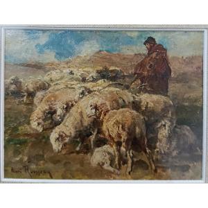 Henri Emilien Rousseau "shepherd And His Flock" Oil On Wood