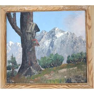 "landscape Of The Tyrolean Mountains" Oil On Hardboard 20th Century