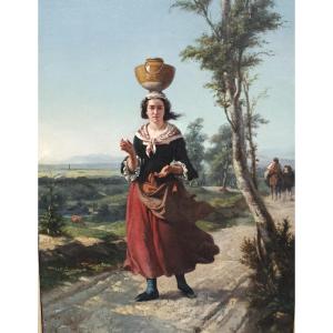  "the Water Carrier" Oil On Wood, 19th Century