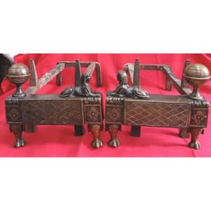 Pair Of Bronze Andirons Decorated With Sphinxes, 19th Century