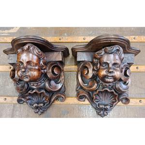 Pair Of Wooden Wall Sconces With Cherub And Shell Motifs