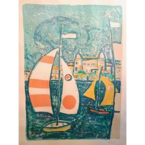 Paul Aïzpiri Port Of Cannes Lithograh