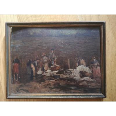The Lavandieres, Oil On Cardboard