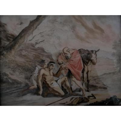 Painting Fixed Under Glass - 3 Figures And 1 Animal